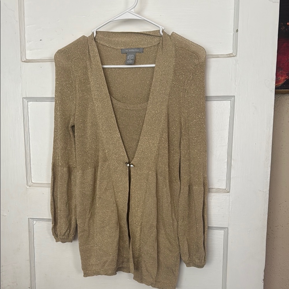 Gold Long Cardigan Sweater with V-Neck